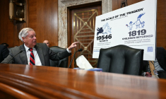 Le sénateur Lindsey Graham, , lors d'une audition consacrée à l'enlèvement des enfants ukrainiens par la Fédération de Russie, le 3 décembre 2025 ( AFP / JIM WATSON )