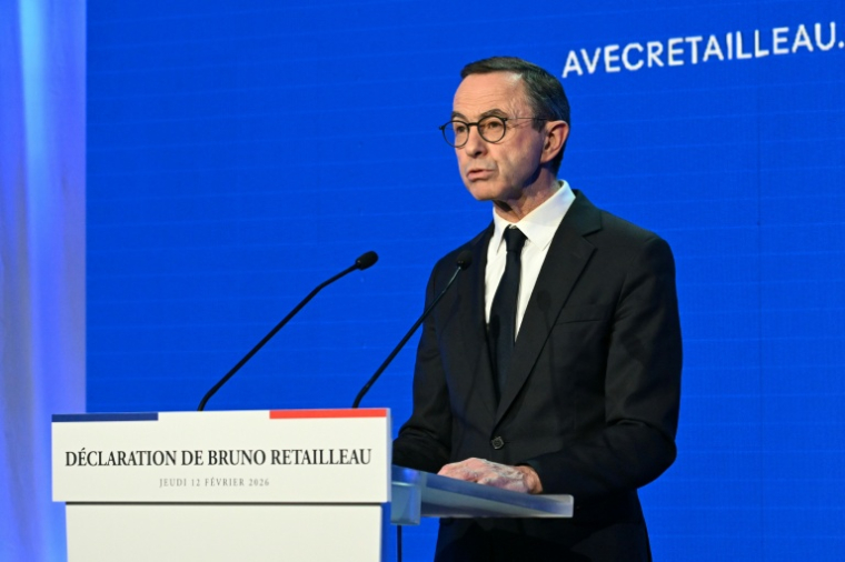 Bruno Retailleau, ancien ministre de l'Intérieur, annonce sa candidature à l'élection présidentielle de 2027, le 12 février 2026 à Paris ( AFP / Bertrand GUAY )
