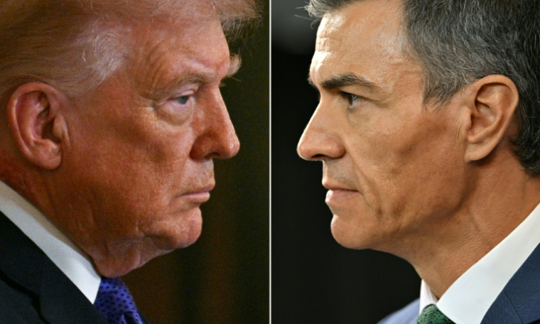 Combinaison d'images créée le 4 mars 2026 du président américain Donald Trump le 20 février 2026 à Washington et du Premier ministre espagnol Pedro Sanchez à Montevideo, le 22 juillet 2025  ( AFP / Jim WATSON )
