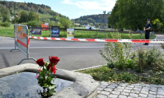 Des fleurs déposées dans une fontaine après les tirs mortels près d'une rave-party à Aarau, en Suisse, le 30 août 2026 ( AFP / Harold CUNNINGHAM )
