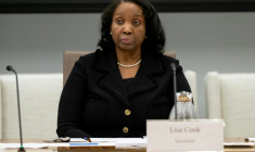 La gouverneure Lisa Cook au siège de la Fed à Washington, le 25 juin 2025 ( AFP / SAUL LOEB )