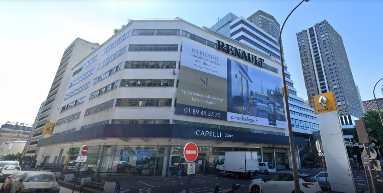 Ce garage Renault situé dans le XVe arrondissement de Paris va être totalement réhabilité pour accueillir un complexe immobilier de 82 logements. (Google street view)