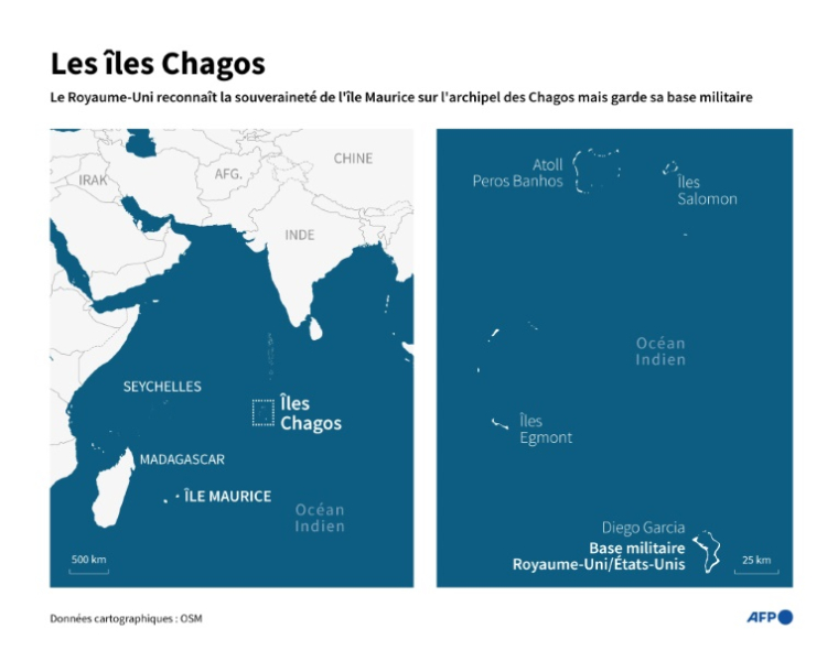 Carte localisant les îles Chagos et la base militaire commune au Royaume-Uni et aux Etats-Unis ( AFP / Lise KIENNEMANN )