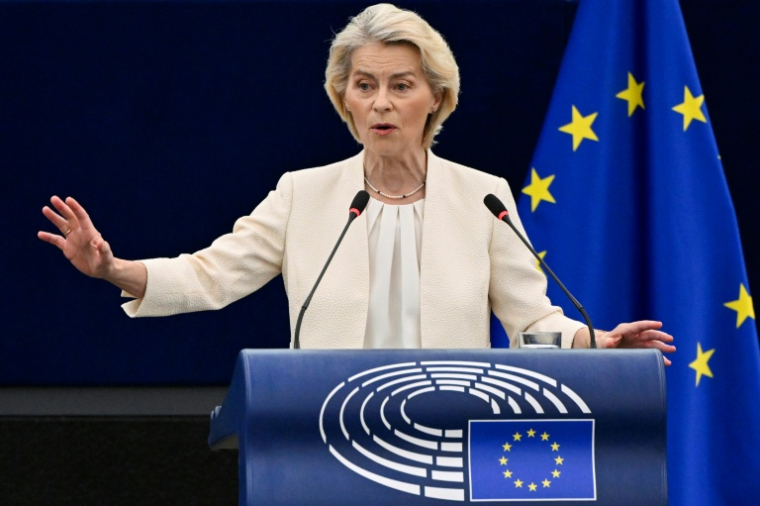 La présidente de la Commission européenne Ursula von der Leyen s'exprime devant le Parlement européen à Strasbourg le 16 septembre 2026  ( AFP / Jean-Christophe VERHAEGEN )