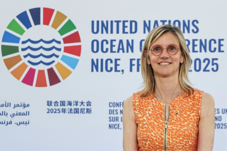 Agnès Pannier-Runacher, ministre de la transition écologique lors de l'appel en faveur d'un traité international ambitieux pour réduire la pollution plastique lancé mardi 10 juin 2025 à Nice, en marge du Sommet international de l'Onu sur les océans (UNOC3). ( AFP / Ludovic MARIN )