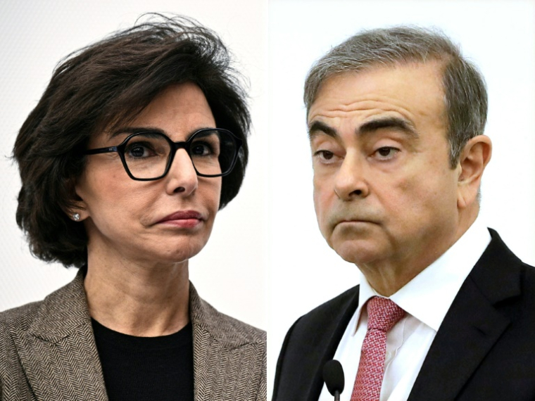 La ministre française de la Culture Rachida Dati (g) à Paris, le 18 mars 2025 et l'ancien patron franco-libano-brésilien de Renault-Nissan Carlos Ghosn à Beyrouth le 8 janvier 2020 ( AFP / JULIEN DE ROSA )