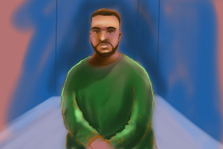 Croquis réalisé par l'artiste Rocco Fazzari montrant Naveed Akram, l'accusé de la fusillade de Bondi, comparaissant par liaison vidéo devant le tribunal à Sydney, le 16 février 2026 en Australie ( AFP / Rocco Fazzari )