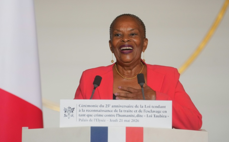 L'ancienne ministre de la Justice, Christiane Taubira,  lors d'une cérémonie à l'Elysée marquant le 25e anniversaire de la loi reconnaissant la traite négrière et l'esclavage comme des crimes contre l'humanité, le 21 mai 2026 à Paris ( POOL / Thibault Camus )