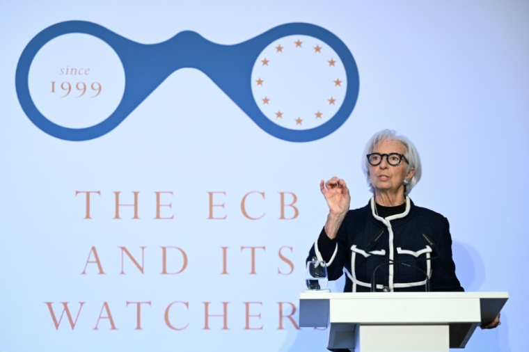 La présidente de la Banque centrale européenne, Christine Lagarde, lors d'une conférence, à Francfort le 25 mars 2026P ( AFP / Kirill KUDRYAVTSEV )
