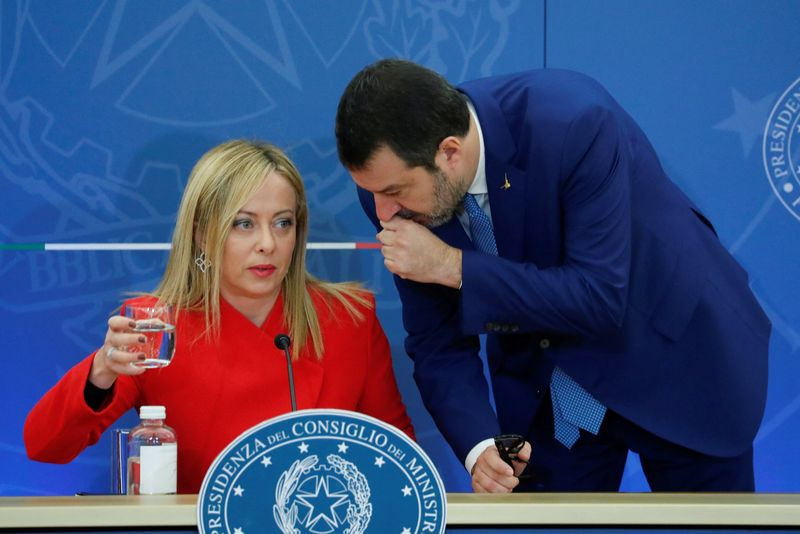 Le Premier ministre italien Giorgia Meloni et Matteo Salvini, vice-Premier ministre, à Rome, en Italie