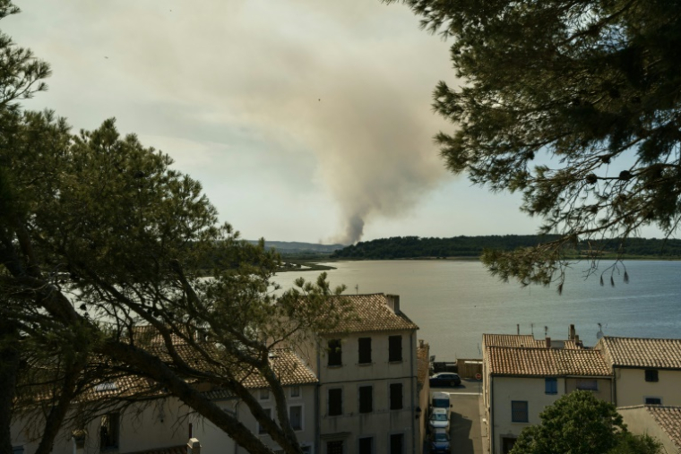 De la fumée visible sur le massif des Corbières lors d'un incendie, le 29 juin 2025, à Bizanet, dans l'Aude ( AFP / IDRISS BIGOU-GILLES )