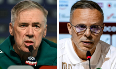 Montage des portraits du sélectionneur italien du Brésil Carlo Ancelotti (g) en conférence de presse à Teresopolis (Brésil) le 30 mai 2026 et du sélectionneur du Maroc Mohamed Ouahbi devant la presse à Sale (Angleterre) le 26 mai 2026 ( AFP / Mauro PIMENTEL )
