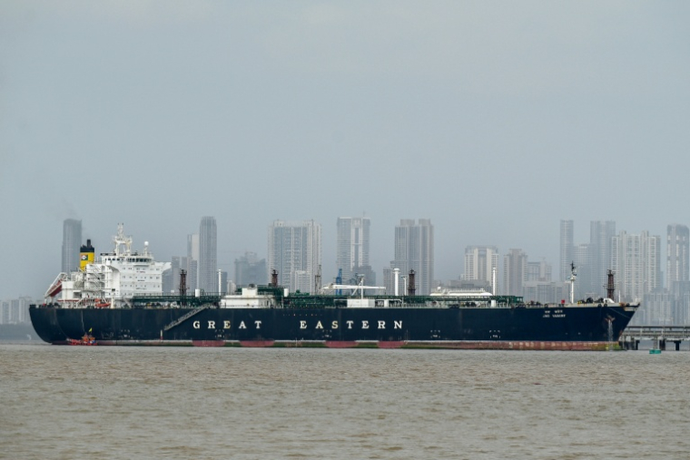 Le pétrolier Jag Vasant, battant pavillon indien et transportant du gaz de pétrole liquéfié (GPL), qui a transité par le détroit d'Ormuz, amarré à un terminal de déchargement à Bombay, le 1er avril 2026 en Inde ( AFP / Punit PARANJPE )