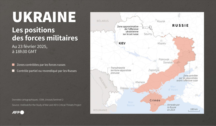 Carte des zones contrôlées par les forces ukrainiennes et russes, en guerre, au 23 février 2025 à 18h30 GMT ( AFP / Nalini LEPETIT-CHELLA )