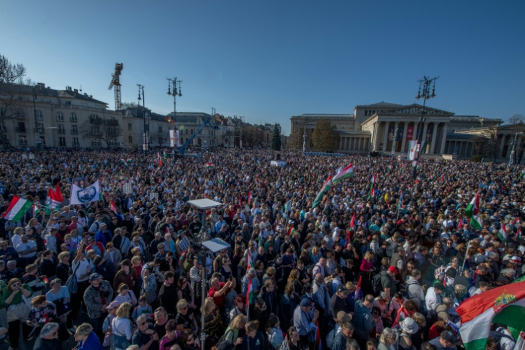 Rassemblement électoral organisé par le parti hongrois d'opposition Tisza à Budapest, le jour de la fête nationale hongroise, le 15 mars 2026 ( AFP / Ferenc ISZA )