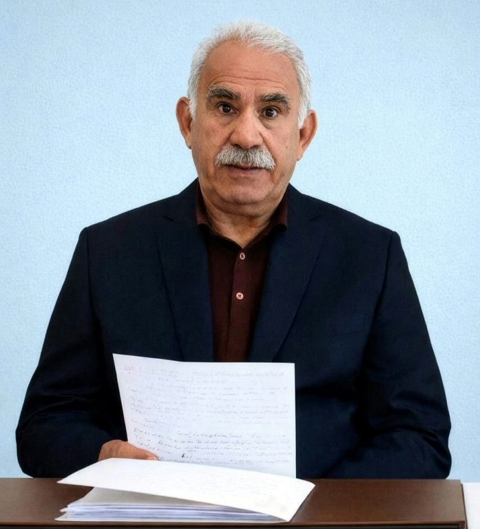 Cette photo diffusée par le parti prokurde DEM le 27 février 2026 montre Abdullah Öcalan, le leader emprisonné du Parti des travailleurs du Kurdistan (PKK), assis avec des feuilles de papier à la main, à la prison d'Imrali, sur l'île d'Imrali, dans la mer de Marmara, en Turquie ( Equality and Democracy (DEM) Party / HANDOUT )