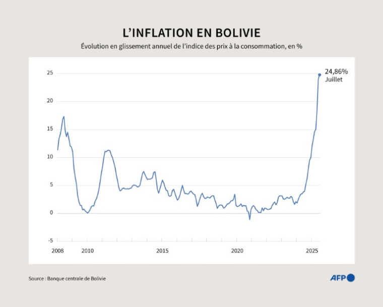 Evolution en glissement annuel de l'indice de prix à la consommation en Bolivie, depuis 2008 ( AFP / Gustavo IZUS )