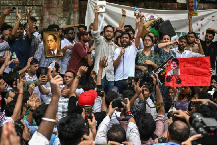 Abhijeet Dipke (C), le fondateur d'un nouveau mouvement dit "Parti du peuple des cafards"  (CJP), s'exprime lors d'une manifestation pour exiger la démission du ministre indien de l'Education, le 6 juin 2026 à New Delhi  ( AFP / Arun SANKAR )