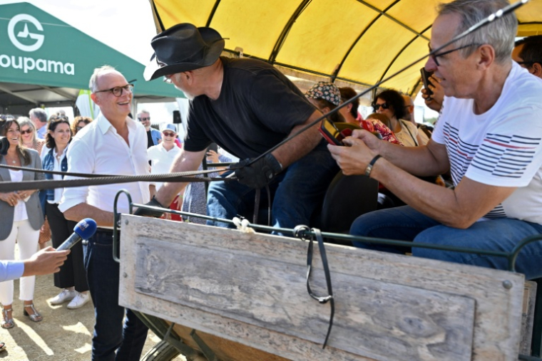 Le maire du Havre et candidat Horizons à la présidentielle, Edouard Philippe (G), lors d'une visite au festival Terres de Jim organisé par le syndicat agricole Jeunes agriculteurs (JA), le 12 septembre 2026 à Metz ( AFP / Jean-Christophe VERHAEGEN )