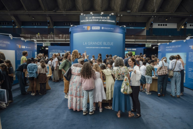 Des visiteurs de l'exposition "La baleine" à l'occasion de la Conférence des Nations Unies sur les océans (ONUC) au Parc des expositions de Nice, le 2 juin 2025 ( AFP / Frederic DIDES )