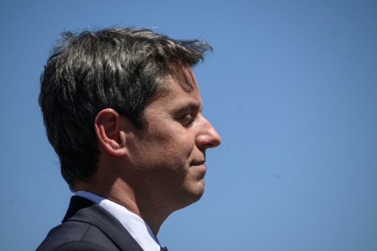 Gabriel Attal a officialisé depuis l'Aveyron sa candidature à l'élection présidentielle et son ambition de succéder à Emmanuel Macron, Mur-de-Barrez le 22 mai 2026. ( AFP / Ed JONES )