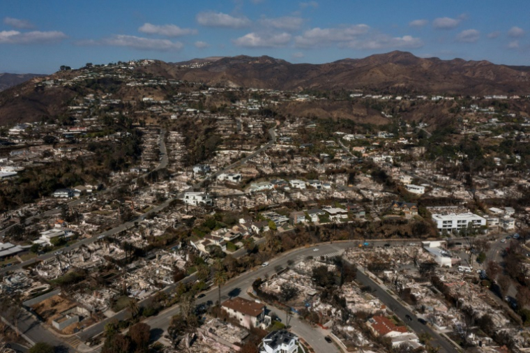 Vue aérienne de maisons détruites par l'incendie de Palisades dans le quartier de Pacific Palisades à Los Angeles, en Californie, le 29 janvier 2025 ( AFP / Patrick T. Fallon )