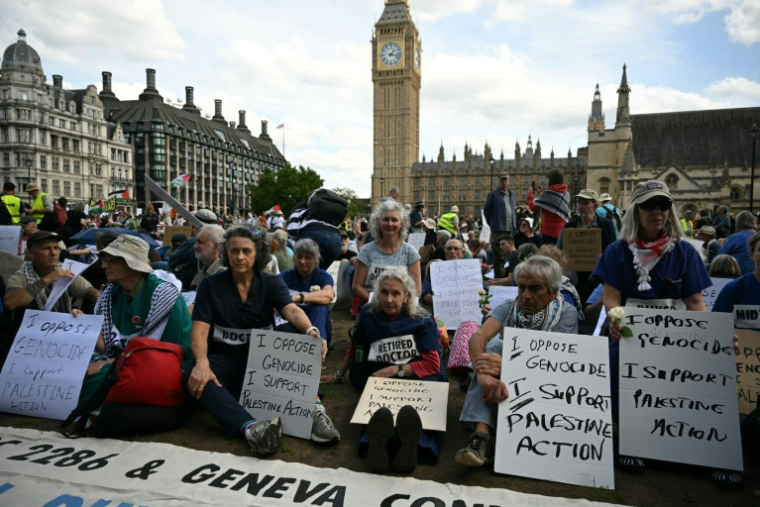 Des manifestants assis montrent des pancartes en soutien au groupe Palestine Action, à Londres, le 6 septembre 2025 ( AFP / JUSTIN TALLIS )