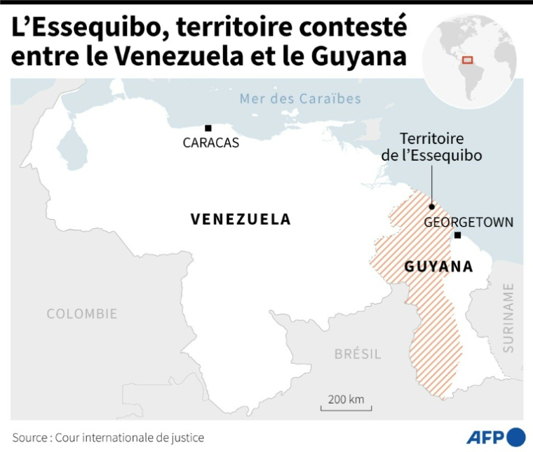 Localisation du territoire contesté de l'Essequibo, entre le Venezuela et le Guyana ( AFP /  )