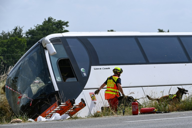 Un maître-chien du SDIS 49 intervient près d'un car qui transportait des adultes et des enfants ukrainiens avant d'avoir un accident faisant plusieurs morts sur l'A81 à Degré, en Sarthe, le 13 juin 2025 ( AFP / JEAN-FRANCOIS MONIER )