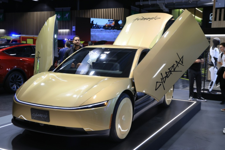 La Tesla Cybercab, un robotaxi électrique entièrement autonome de deux places sans volant ni pédales ni aucune commande de conduite manuelle, au Salon de l'auto à Paris le 12 octobre 2026 ( AFP / Ludovic MARIN )