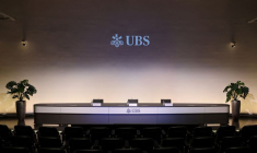 Photo du logo d'UBS lors d'un conférence de presse à Zurich