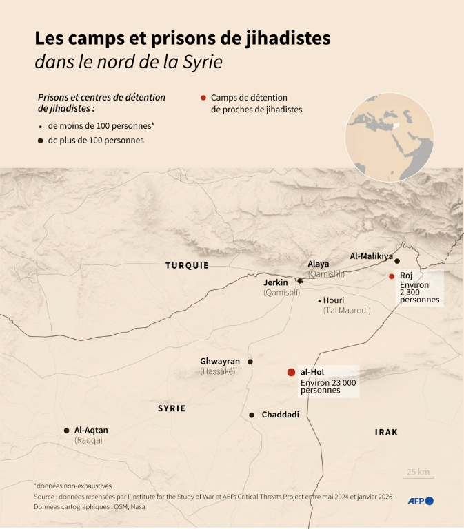 Carte montrant l'emplacement des camps de détention de proches de jihadistes et des prisons de jihadistes dans le nord de la Syrie, d'après les données recensées par l'ISW entre mai 2024 et janvier 2026 ( AFP / Pauline PAILLASSA )