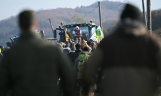Des agriculteurs manifestent pour empêcher l'abattage d'un troupeau de 200 vaches, suite à la détection de la dermatose nodulaire contagieuse (DNC) aux Bordes-sur-Arize, le 11 décembre 2025 en Ariège ( AFP / Matthieu RONDEL )