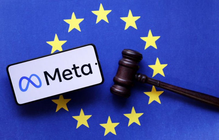 Illustration du logo de Meta, le drapeau de l'Union Européenne et un marteau de juge