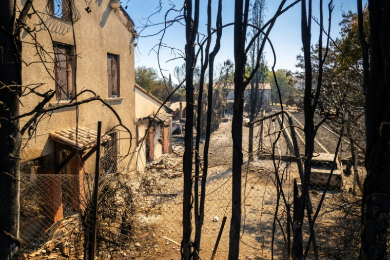 Des maisons brûlées à Ille-sur-Têt par un incendie de forêt dans les Pyrénées-Orientales, le 6 juillet 2026 ( AFP / Jean-Christophe MILHET )