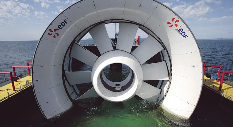 L'énergie marémotrice récupérée à l'aide de turbines immergées est renouvelable, propre, et moins perturbante pour l'écosystème sous-marin que les éoliennes en pleine mer. (© DCN)