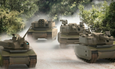 Illustration fournie le 26 avril 2024 par KNDS montrant des chars de combat avancés MGCS et des drones, en haut à gauche de l'image ( KNDS / Handout )