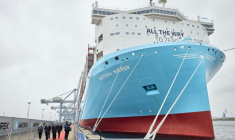 Le "Laura Maersk", premier porte-conteneur du géant danois du transport maritime Maersk à naviguer au e-méthanol, lors de son baptême, dans le port d'Aarhus au Danemark, le 9 août 2024 ( Ritzau Scanpix / Mikkel Berg Pedersen )