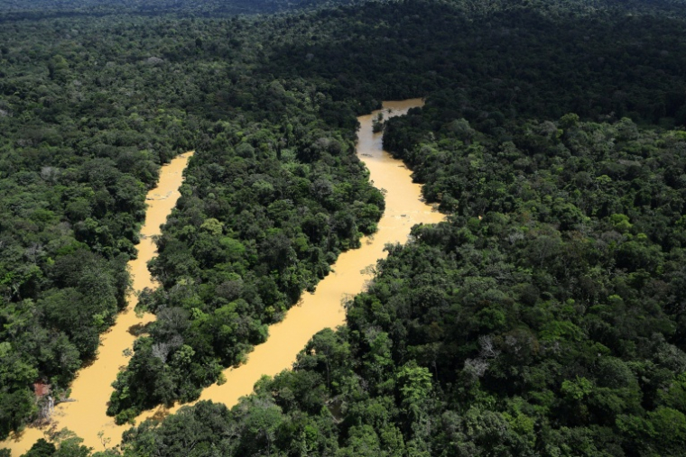 Vue aérienne des eaux polluées du fleuve Marowijne à cause de l'orpaillage illégal près de Stoelmanseiland, au Suriname, à la frontière avec la Guyane, le 22 juillet 2026 ( AFP / Ranu ABHELAKH )