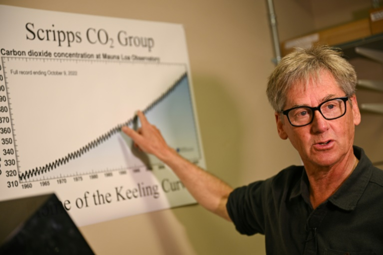 Le scientifique Ralph Keeling montre la courbe de Keeling, dans un laboratoire de San Diego, en Californie, le 11 avril 2025 ( AFP / Patrick T. Fallon )