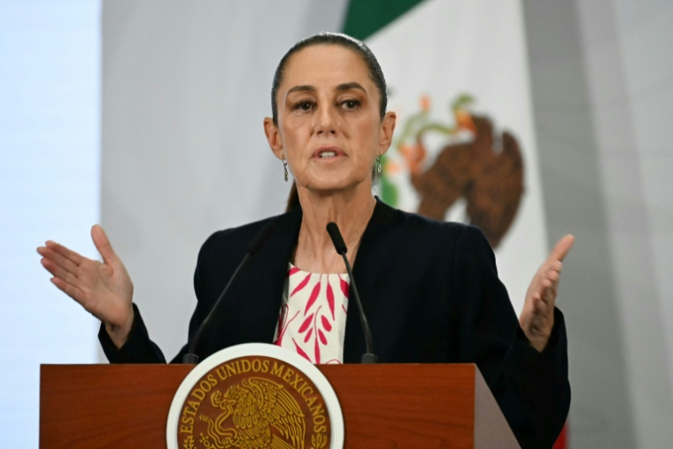 La présidente du Mexique Claudia Sheinbaum, lors de sa conférence de presse quotidienne, au Palais national de Mexico, le 6 avril 2026. ( AFP / YURI CORTEZ )