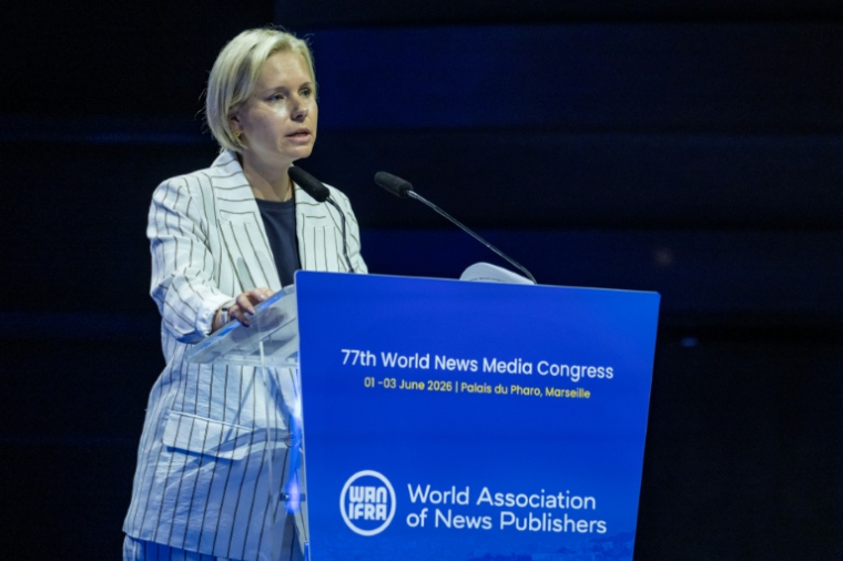 Ladina Heimgartner, présidente de WAN-IFRA et directrice générale du groupe suisse Ringier Médias, au congrès mondial des médias à Marseille, le 1er juin 2026 ( AFP / MIGUEL MEDINA )