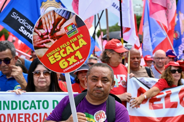 Des travailleurs manifestent pour la fin de la semaine de travail de 6 jours à Brasilia, le 15 avril 2026 ( AFP / Evaristo Sa )