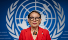 La Secrétaire générale de la Commission des Nations Unies pour le commerce et le développement (CNUCED), Rebeca Grynspan, lors d'une conférence de presse à Genève, le 13 octobre 2025 ( AFP / Fabrice COFFRINI )