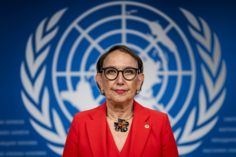 La Secrétaire générale de la Commission des Nations Unies pour le commerce et le développement (CNUCED), Rebeca Grynspan, lors d'une conférence de presse à Genève, le 13 octobre 2025 ( AFP / Fabrice COFFRINI )