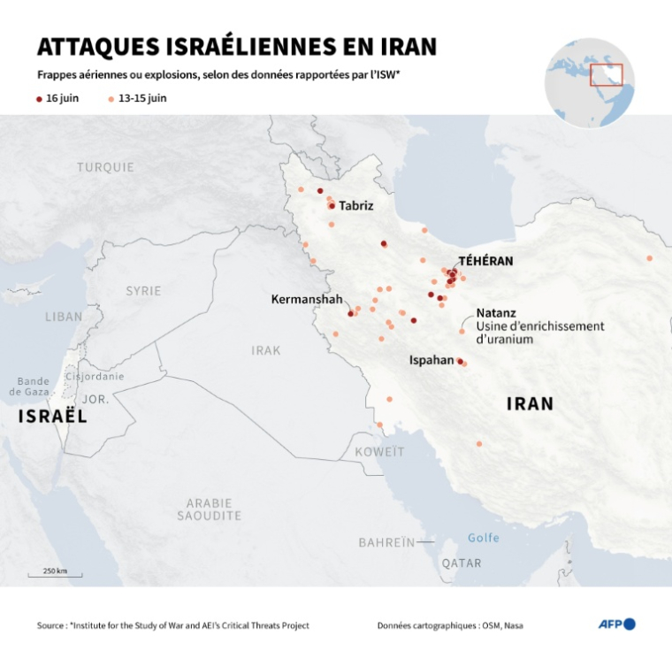 Carte localisant des frappes et explosions suite aux attaques menées depuis le 13 juin par Israël en Iran, selon des données non exhaustives rapportées par l'ISW ( AFP / Valentina BRESCHI )