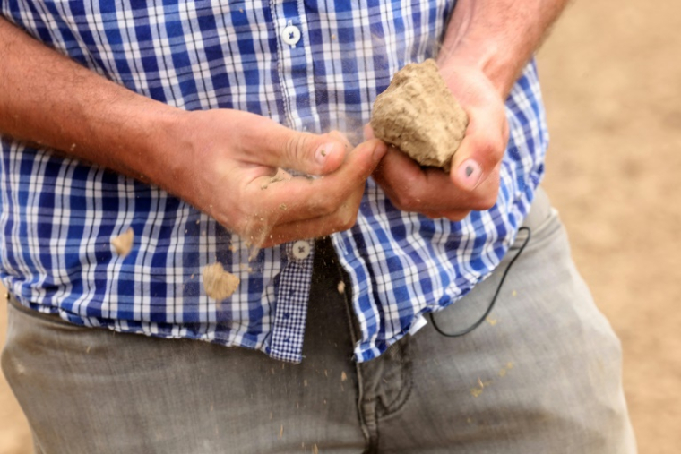 Un maraîcher effrite un morceau de terre sèche prélevé dans un champ qu'il doit irriguer pour faire pousser ses légumes, à Carnin (Nord), le 20 mai 2025 ( AFP / FRANCOIS LO PRESTI )