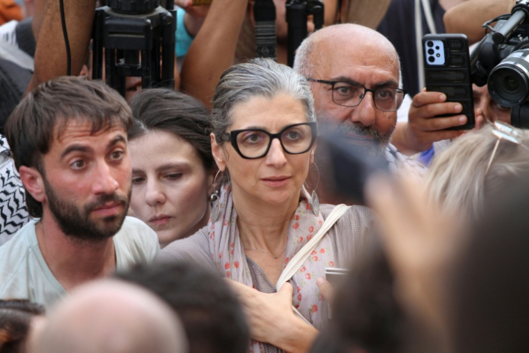 La rapporteure des Nations unies pour les territoires palestiniens, Francesca Albanese, assiste à une conférence de presse de la flottille pour Gaza, à Tunis, le 9 septembre 2025 ( AFP / Hasan MRAD )
