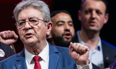 Le fondateur de La France Insoumise (LFI), Jean-Luc Mélenchon, lève le poing lors d'un meeting électoral en soutien au député David Guiraud, candidat aux élections municipales à Roubaix, dans le nord de la France, le 31 janvier 2026 ( AFP / Sameer Al-DOUMY )