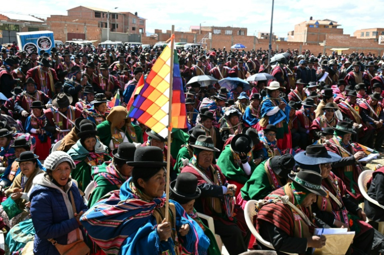 Rassemblement de dirigeants des "Ponchos Rouges", une organisation paysanne et indigène, pour discuter de la suite du mouvement de protestation, le 18 juin 2026 à Tilata, dans le département de La Paz, en Bolivie  ( AFP / AIZAR RALDES )